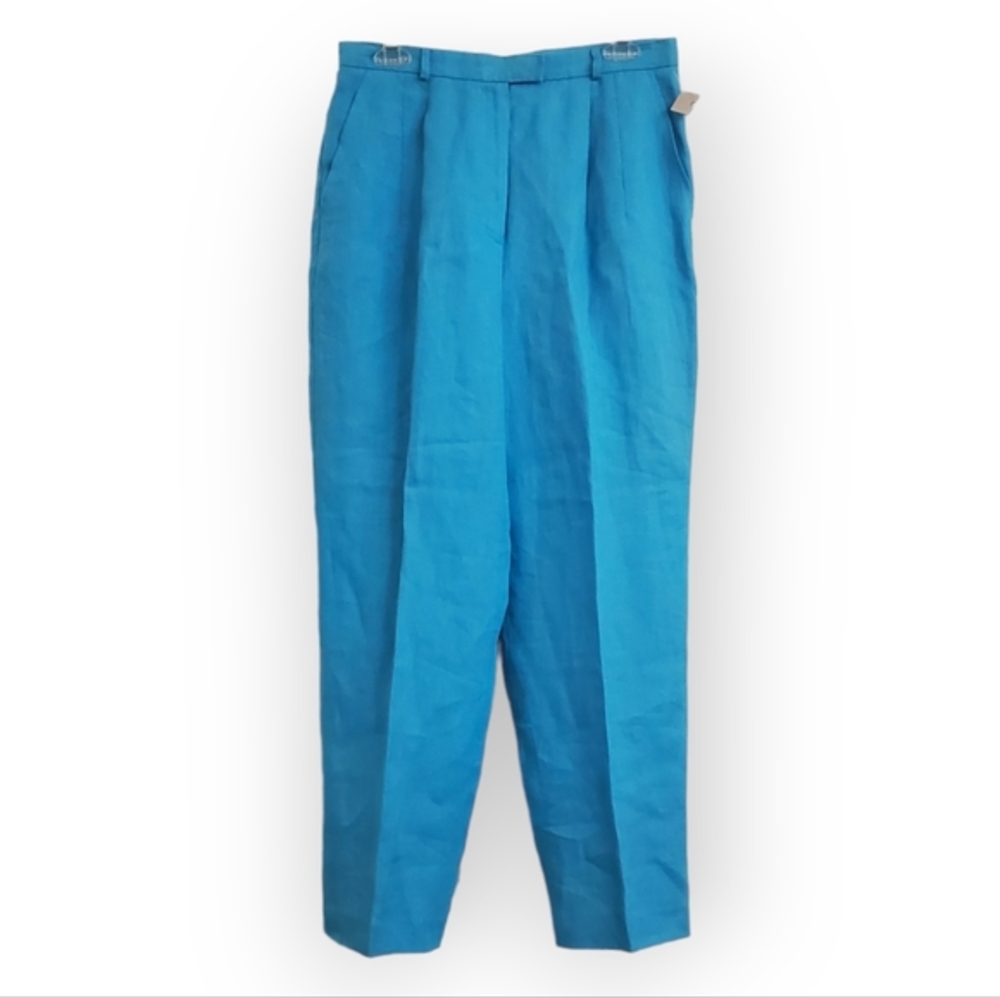 🎯Vintage Talbots Turquoise Irish Linen High Rise Pleated Front Wide Leg Pant 12
